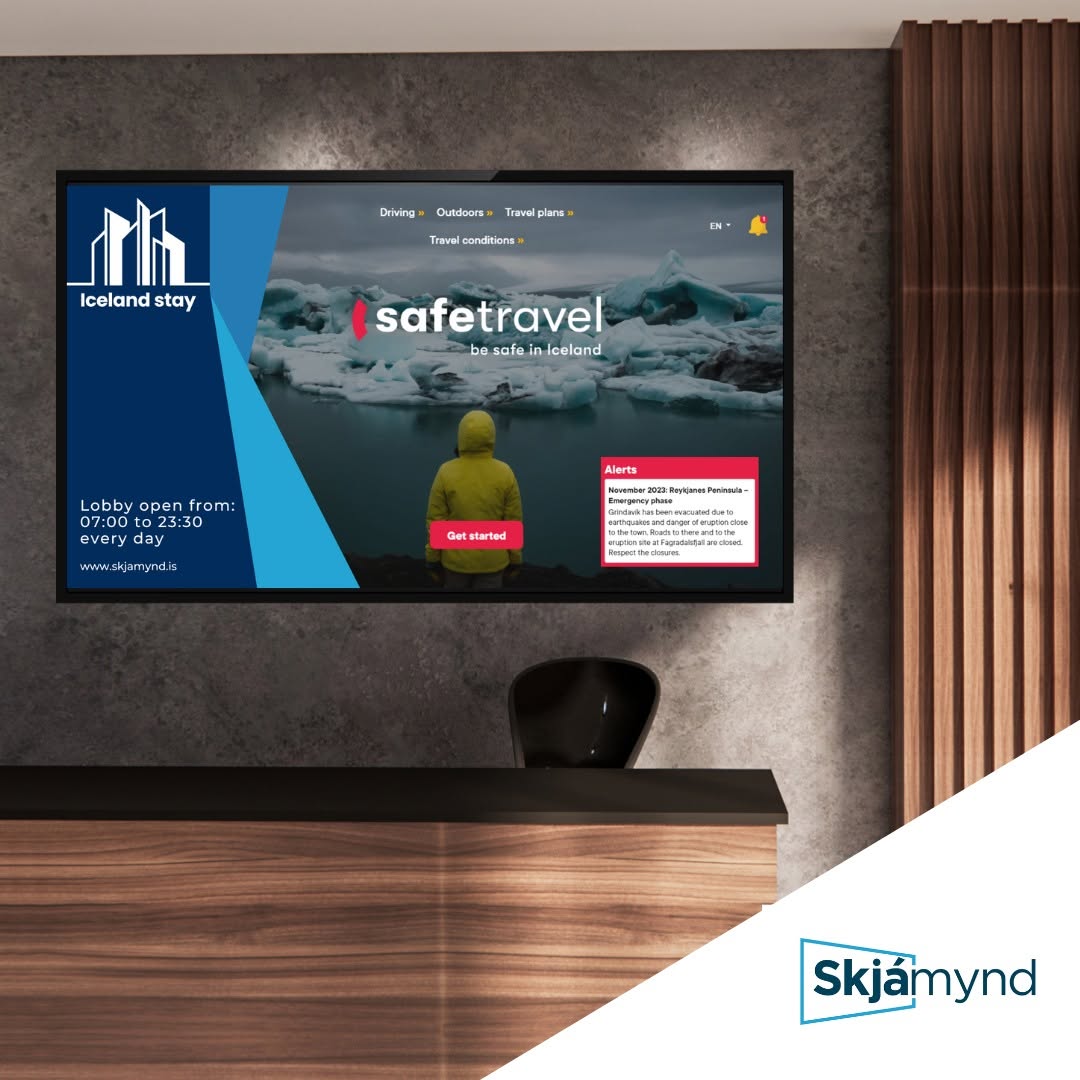 Móttökuskjár á hóteli með viðvörunum frá Safetravel
